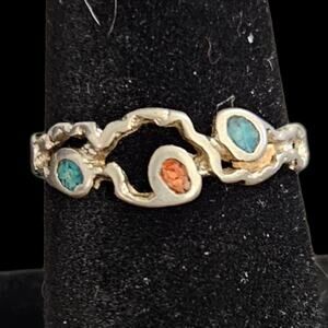 Vintage Turquoise Coral Ring Silver Tone Organic Band Size 7.5